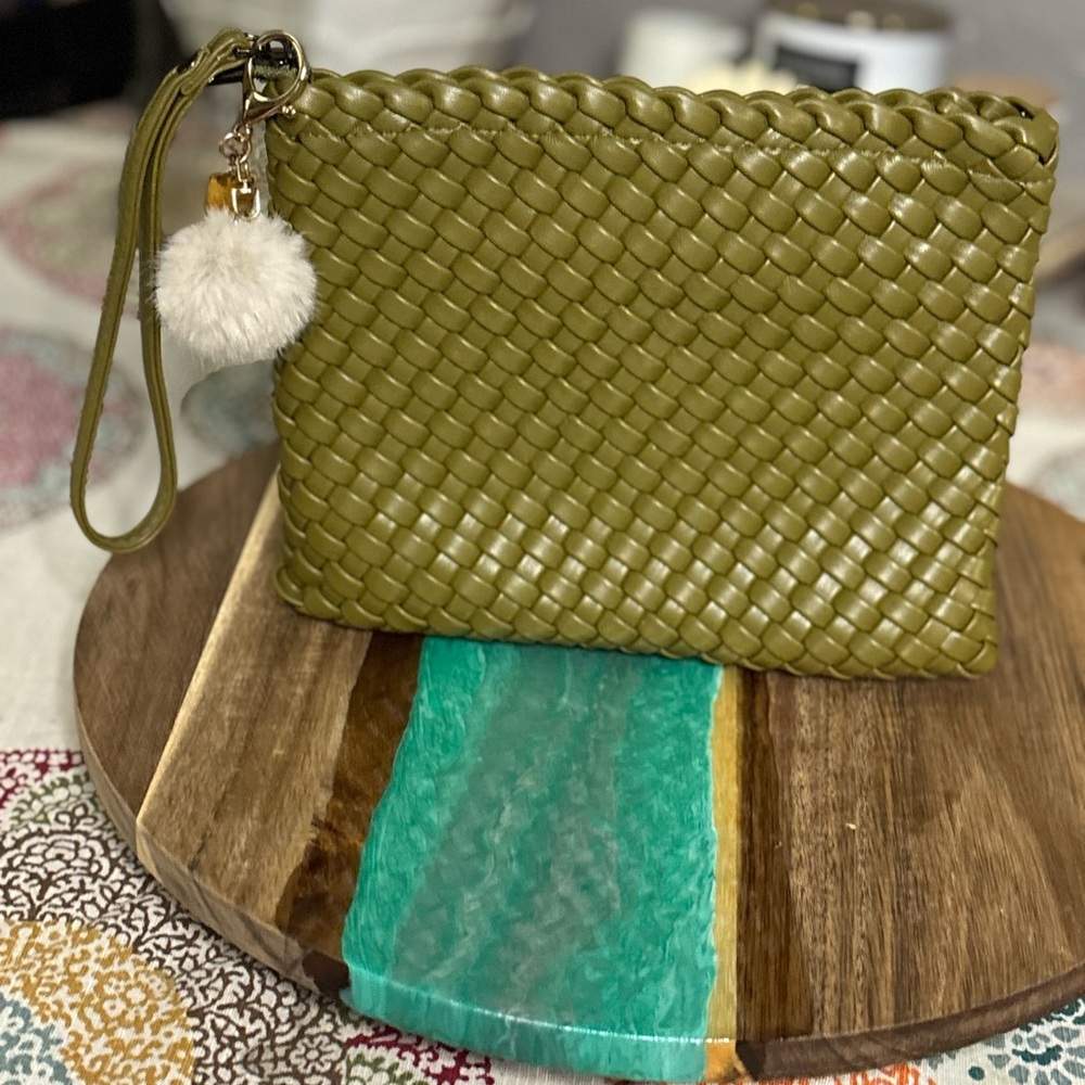 Chic Olive Woven Wristlet with Pom Pom